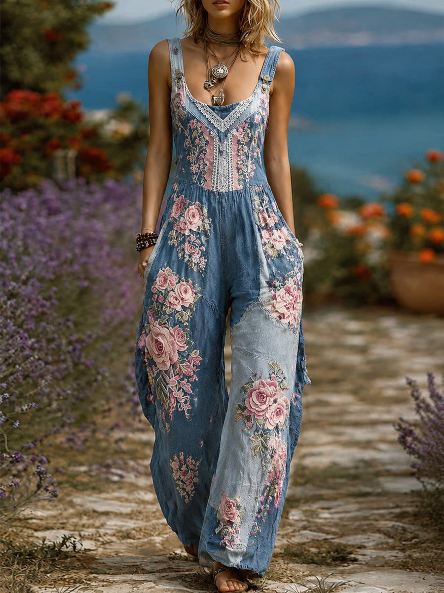 Women's Retro Style Art Print Washed Cotton Denim Patchwork Jumpsuit