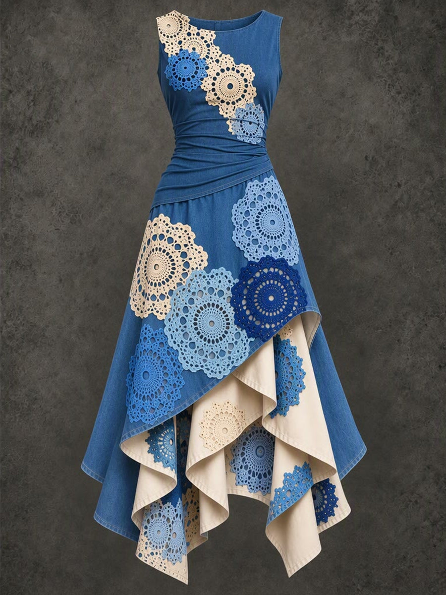 Retro Art Printed Vintage Sleeveless Irregularly Layered Stitched Midi Dress