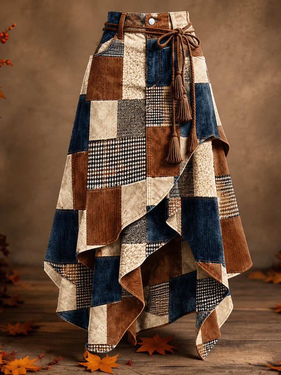 Women's Retro Style Art Print Irregularly Layered Stitched Skirt