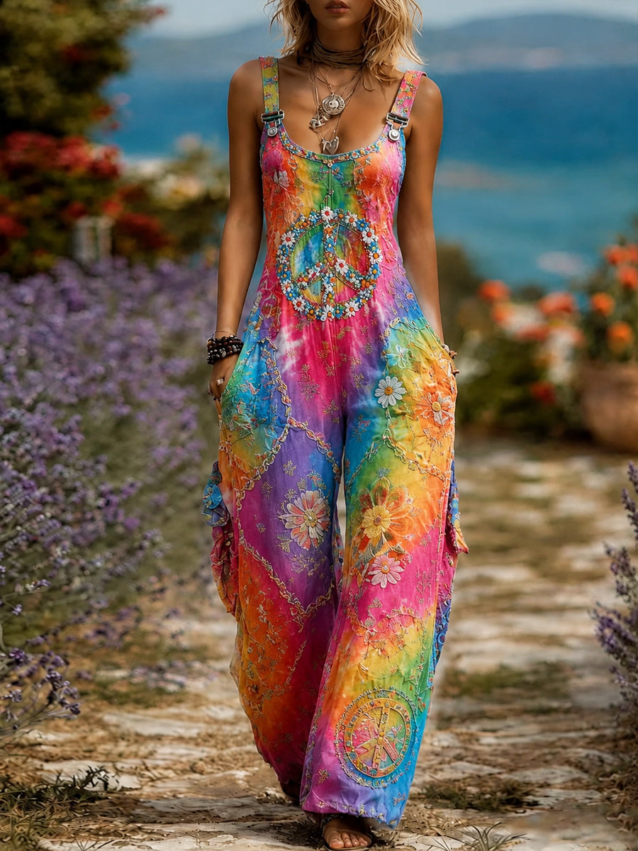 Women's Retro Style Art Print Washed Cotton Denim Patchwork Jumpsuit