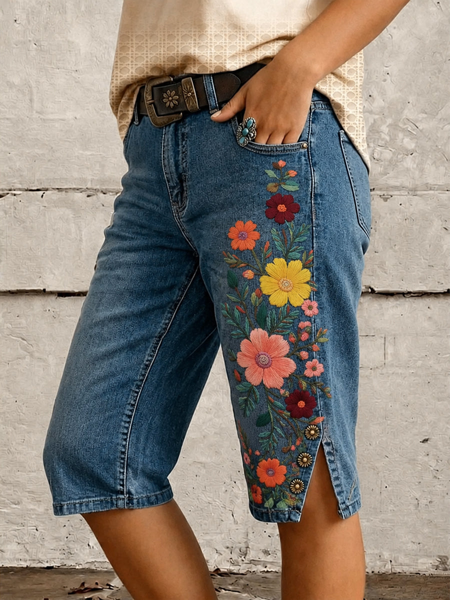 Retro Style Floral Art Print Vintage Casual Denim Shorts