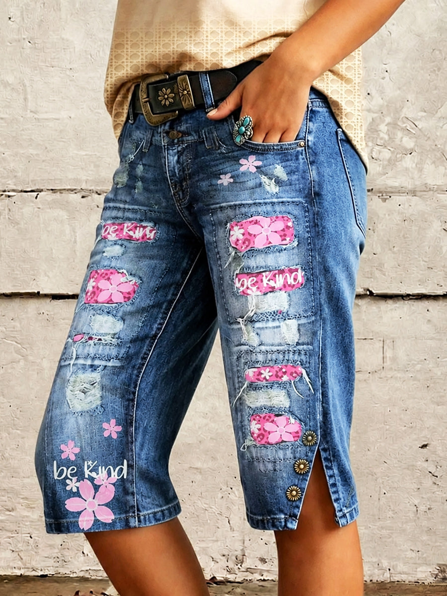 Retro Style Floral Art Print Vintage Casual Denim Shorts
