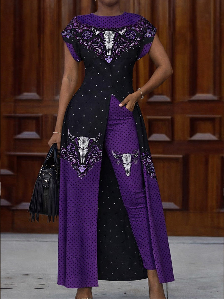 Retro Western Style Art Print Vintage Long Split Shirts Dress Skinny Pants Two-Piece Set