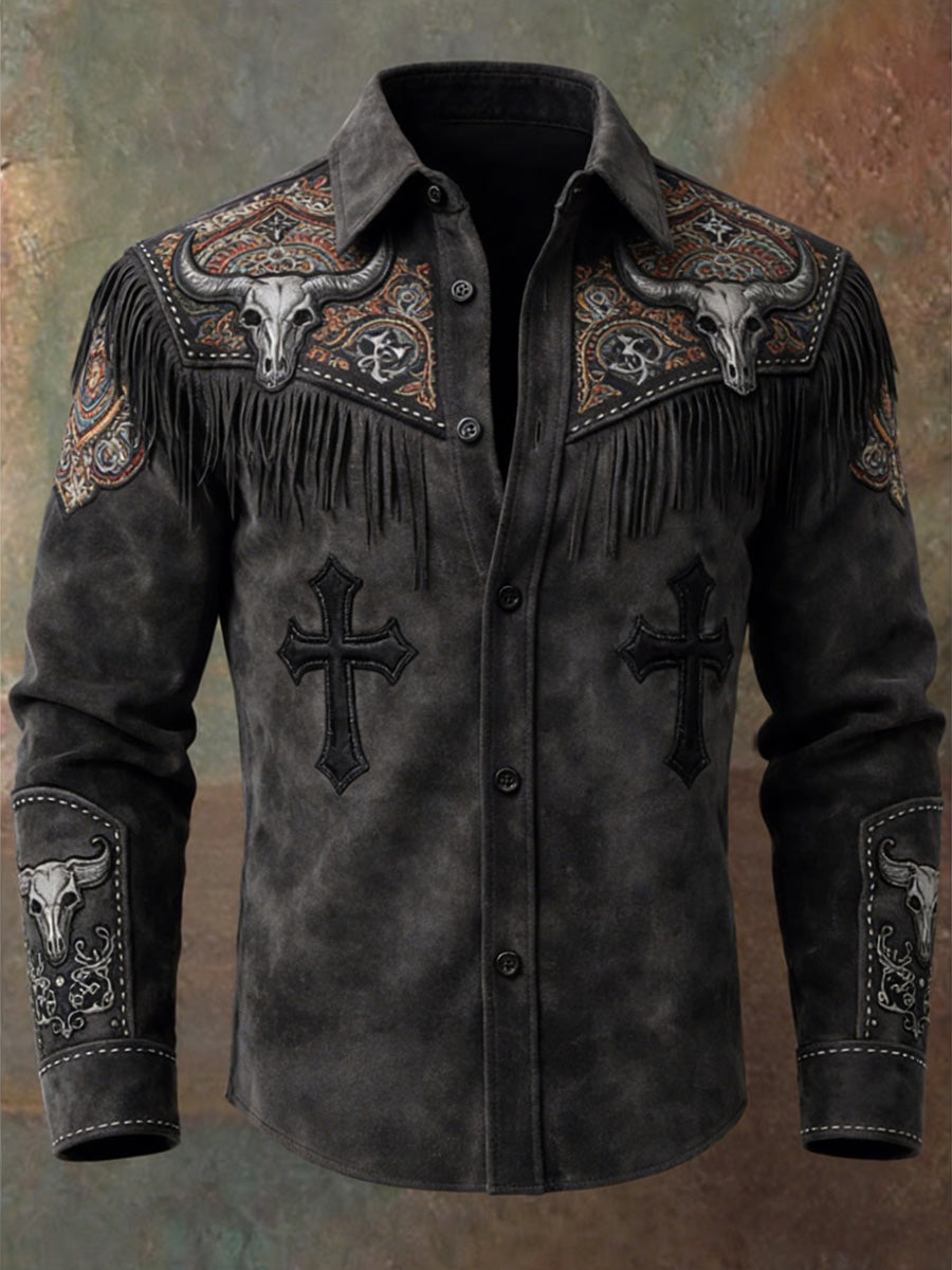 Men's Retro Western Style Art Print Vintage Tassel Casual Long Sleeve Shirt