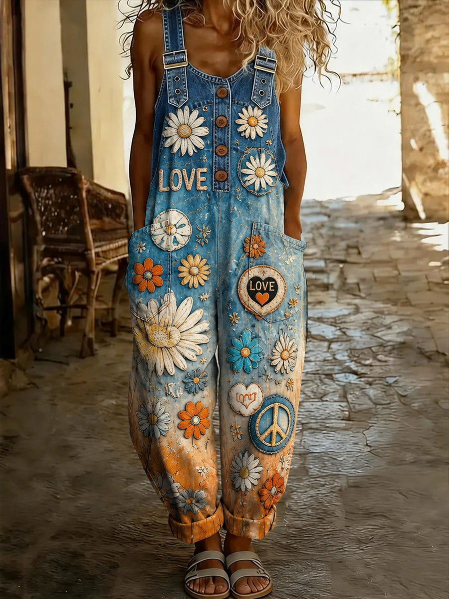 Women's Retro Style Print Washed Cotton Denim Patchwork Jumpsuit