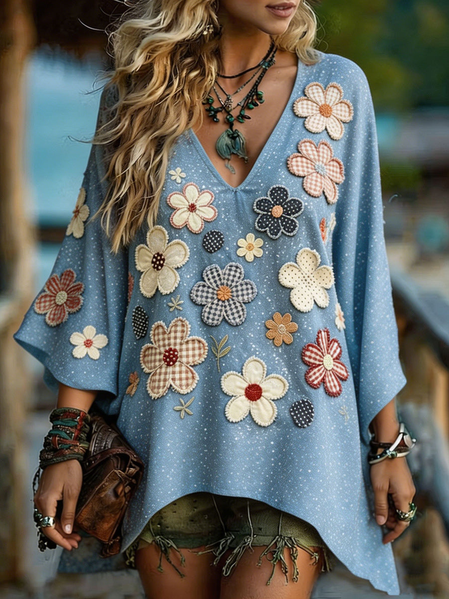 Women's Bohemian Casual Art Print Retro Washed V-Neck Long Sleeve Top