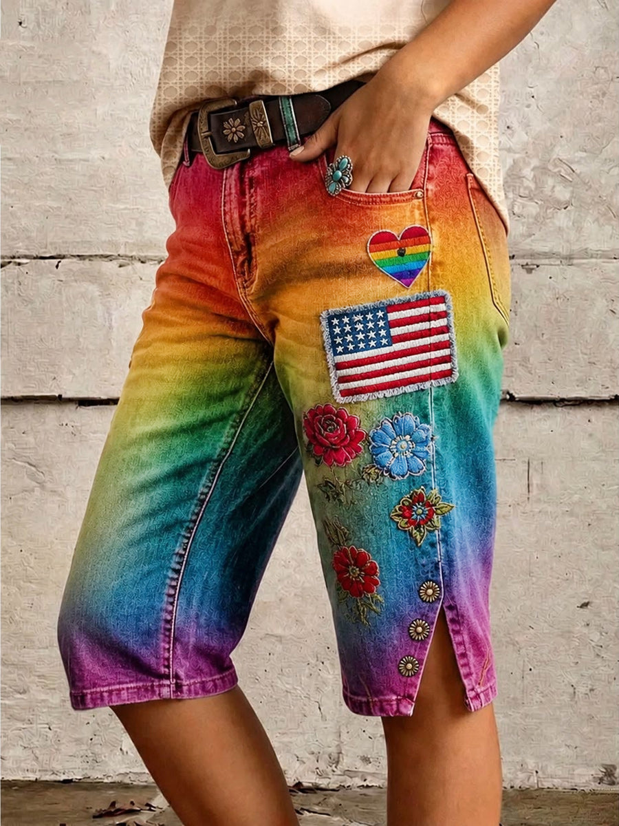 Retro Style Floral Art Print Vintage Casual Denim Shorts
