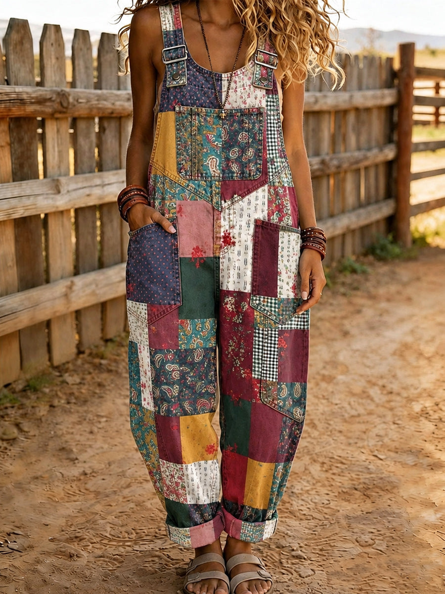 Women's Retro Style Art Print Washed Cotton Denim Patchwork Jumpsuit