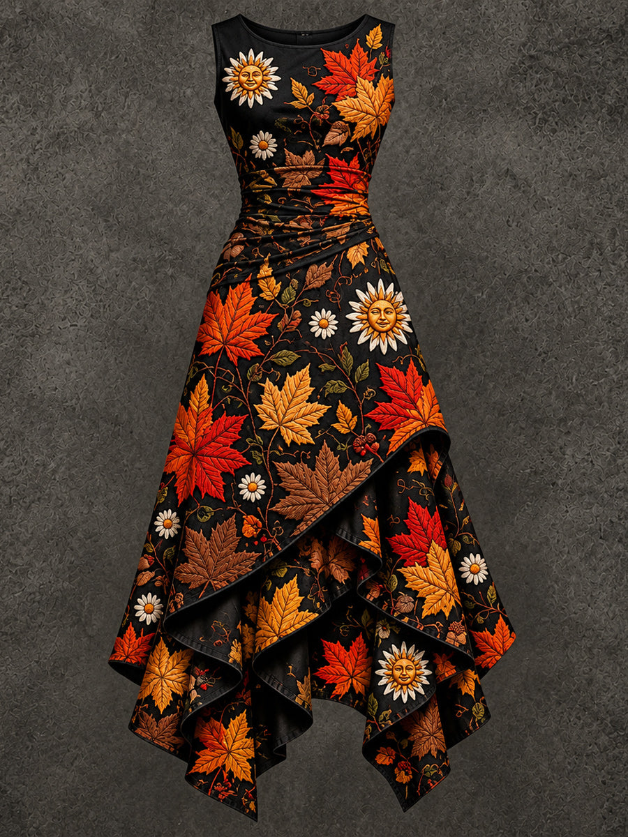 Retro Art Printed Vintage Sleeveless Irregularly Layered Stitched Midi Dress