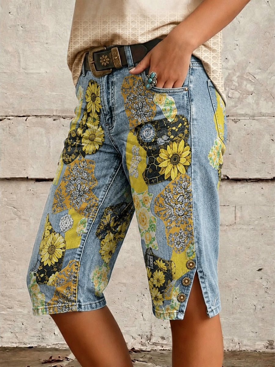 Retro Style Floral Art Print Vintage Casual Denim Shorts