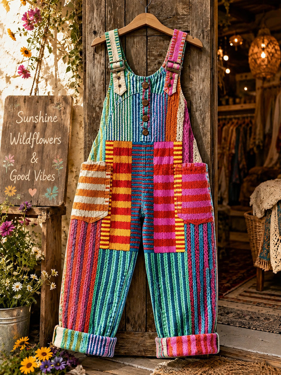 Women's Retro Style Art Print Washed Cotton Denim Patchwork Jumpsuit