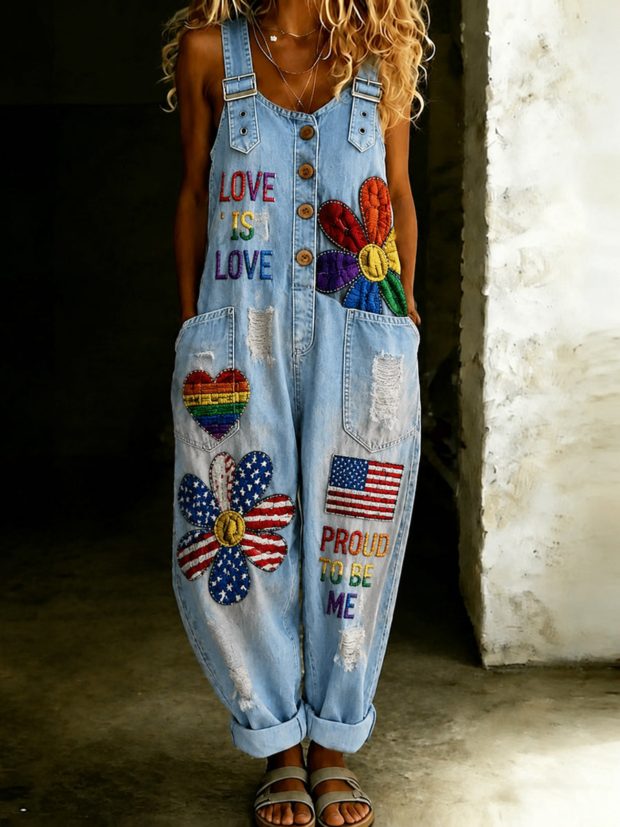 Women's Retro Pride Month Rainbow Art Print Washed Cotton Denim Patchwork Jumpsuit