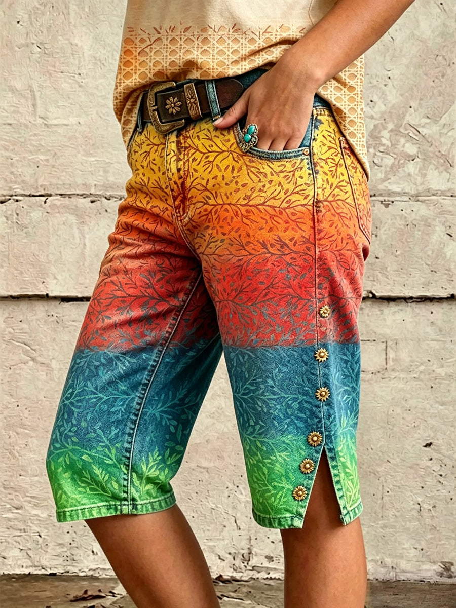 Retro Style Art Print Vintage Casual Denim Short