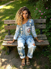 Women's Retro Floral Color-Blocked Art Print Washed Cotton Denim Patchwork Jumpsuit