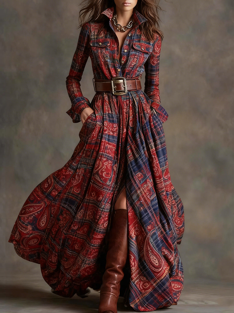 Retro Paisley Art Texture Printed V-Neck Vintage Pocket-Style Long Sleeve Maxi Dress