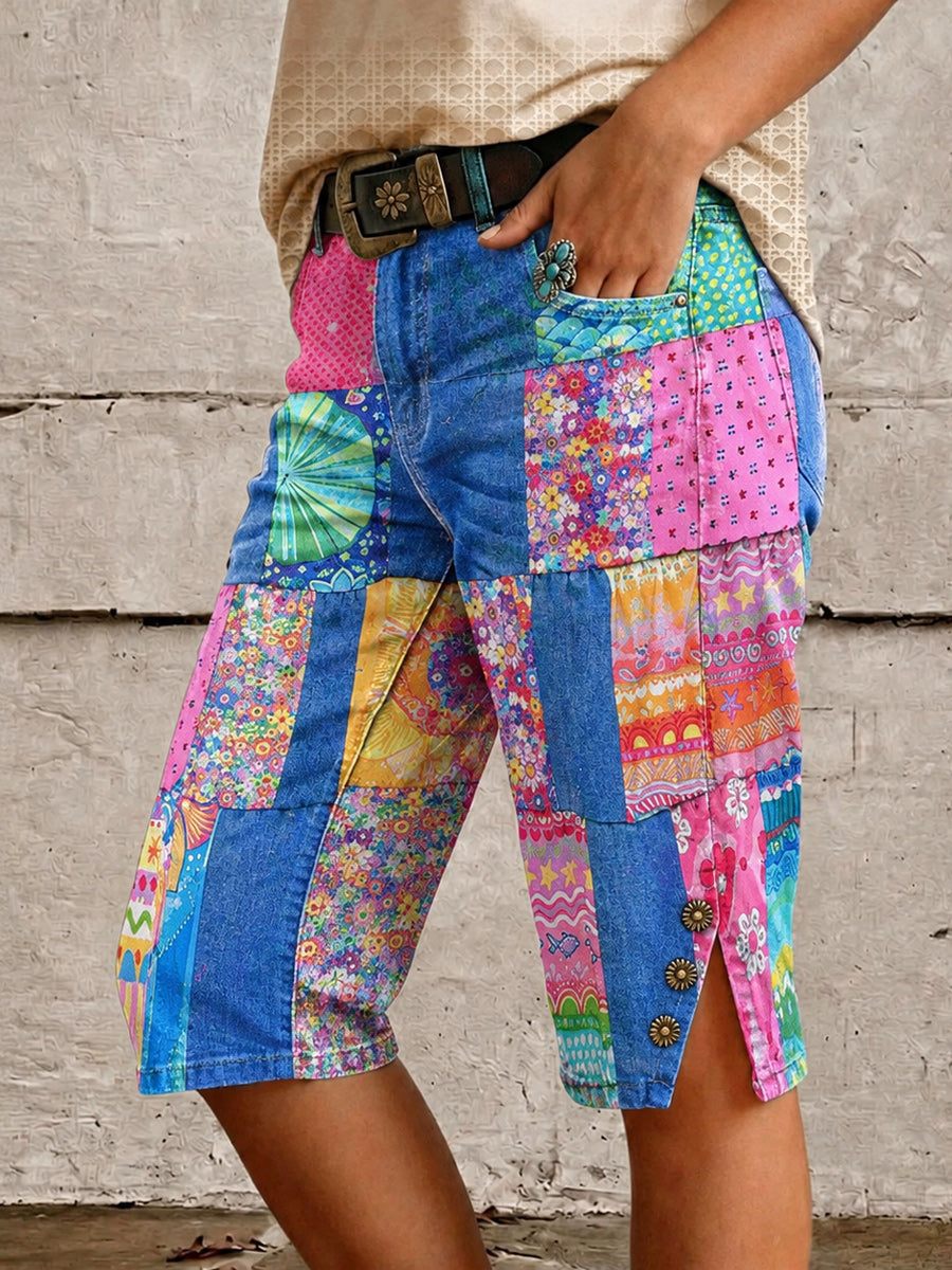 Retro Style Floral Art Print Vintage Casual Denim Shorts