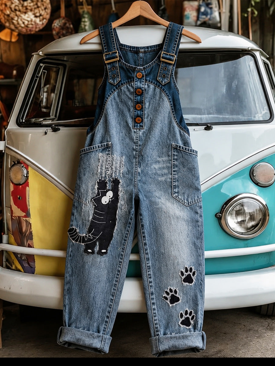 Women's Retro Style Art Print Washed Cotton Denim Patchwork Jumpsuit