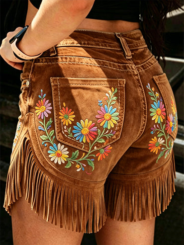 Women's Retro Floral Art Print Casual Leather Fringe Patchwork Pocket Shorts