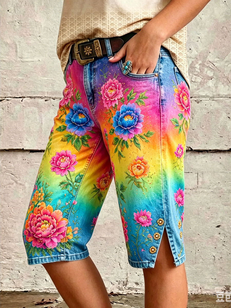 Retro Style Floral Art Print Vintage Casual Denim Shorts