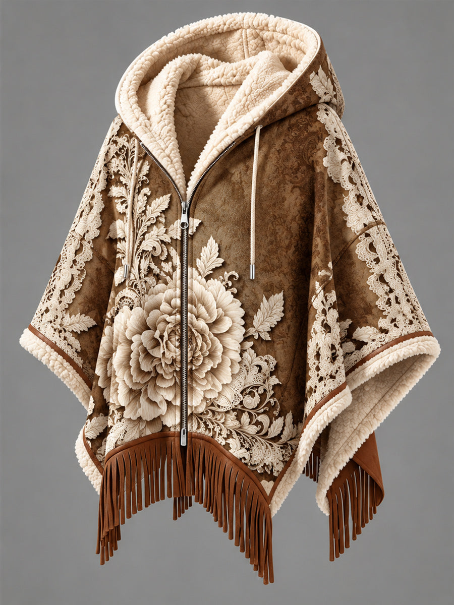 Women's Fall Winter Vintage Art Fleece-Lined Hooded Fringe Poncho