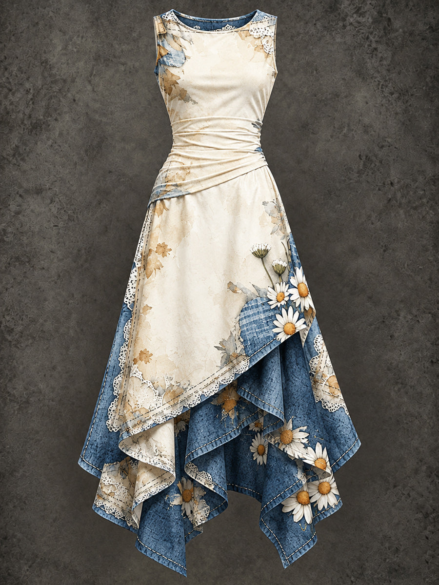 Retro Art Printed Vintage Sleeveless Irregularly Layered Stitched Midi Dress