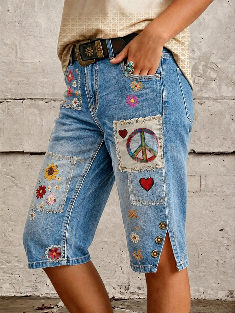 Retro Style Floral Art Print Vintage Casual Denim Shorts