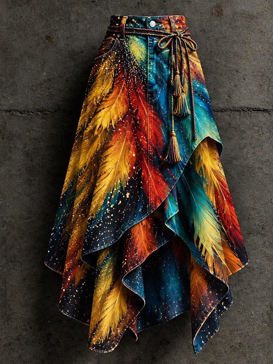 Women's Retro Style Art Print Irregularly Layered Stitched Skirt