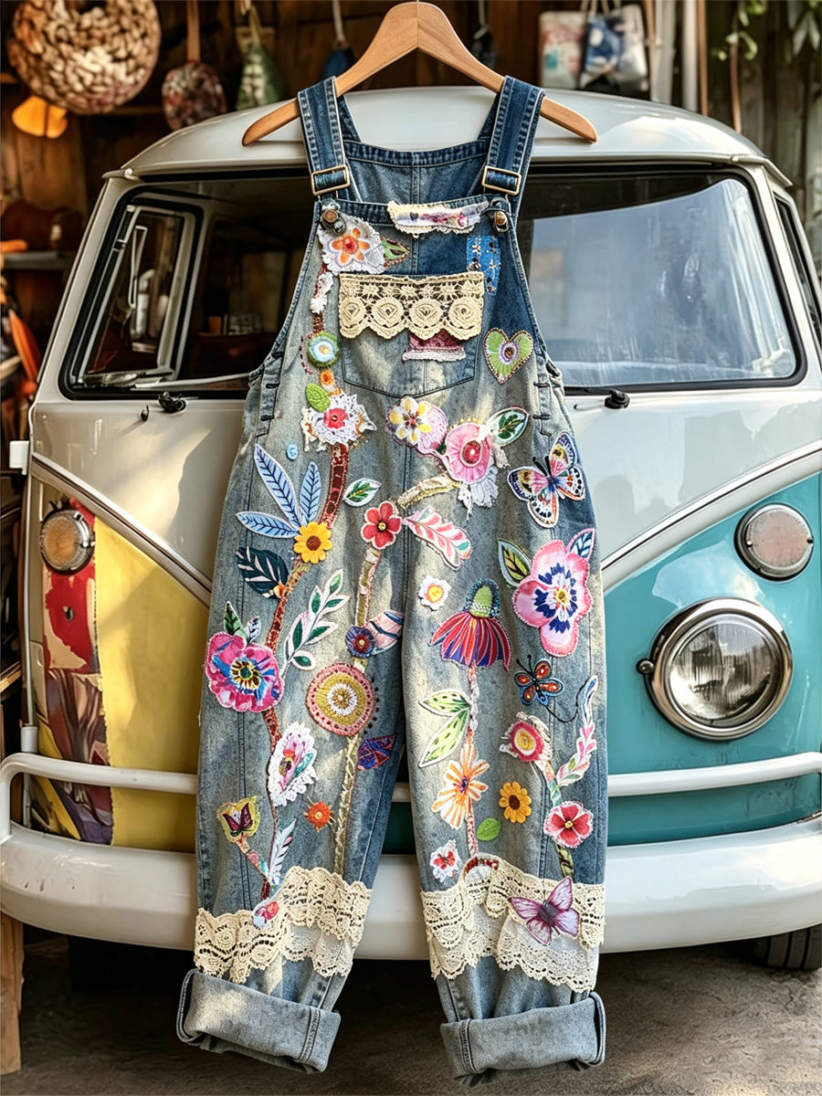Women's Retro Style Art Print Washed Cotton Denim Patchwork Jumpsuit