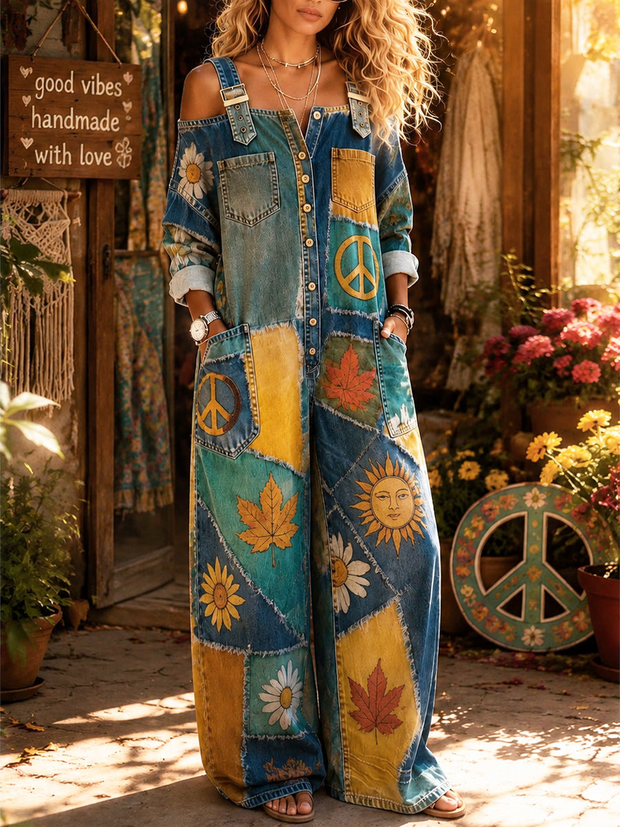 Women's Retro Style Art Print Washed Cotton Denim Off-The-Shoulder Jumpsuit