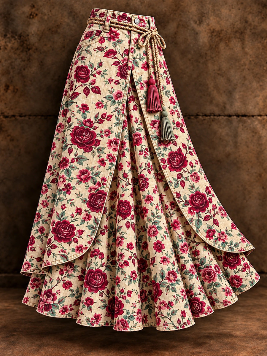 Women's Vintage Floral Asymmetrical Midi Skirt