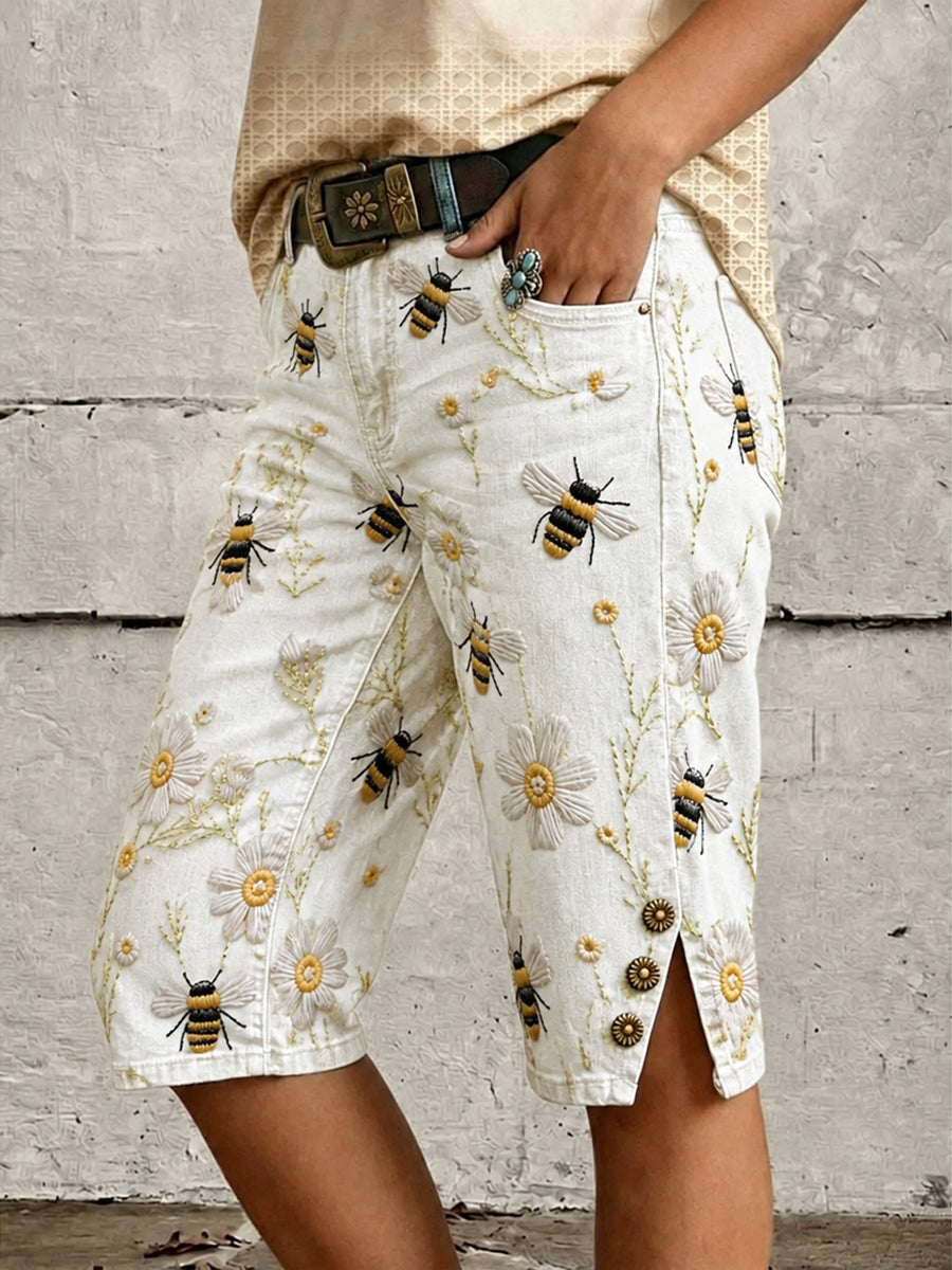 Retro Style Floral Art Print Vintage Casual Denim Shorts