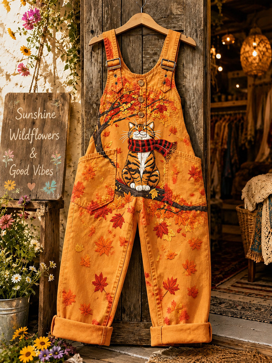 Women's Retro Style Art Print Washed Cotton Denim Patchwork Jumpsuit