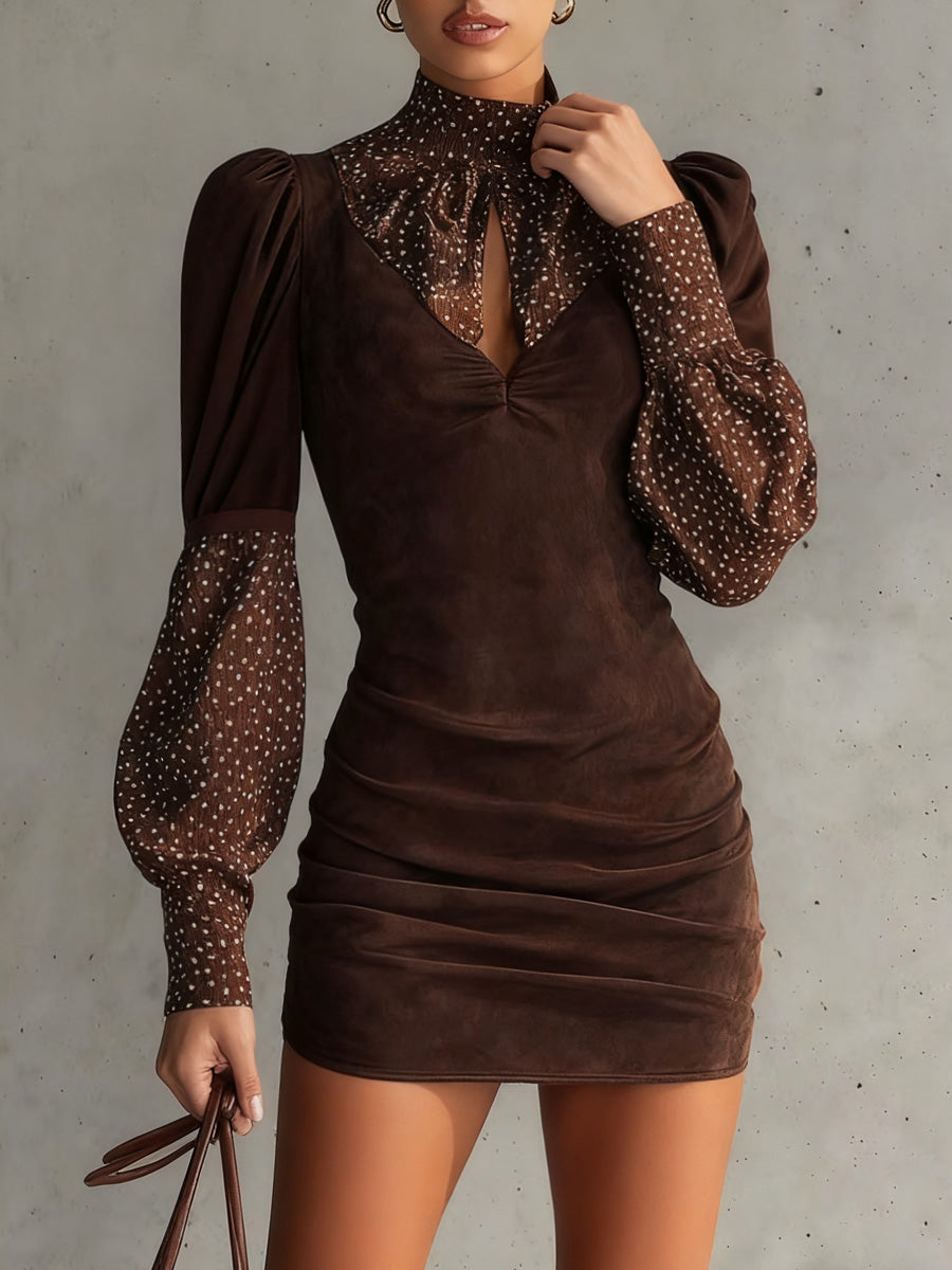 Vintage Suede Polka Dot Chiffon Patchwork Long Sleeve Midi Dress