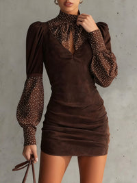 Vintage Suede Polka Dot Chiffon Patchwork Long Sleeve Midi Dress