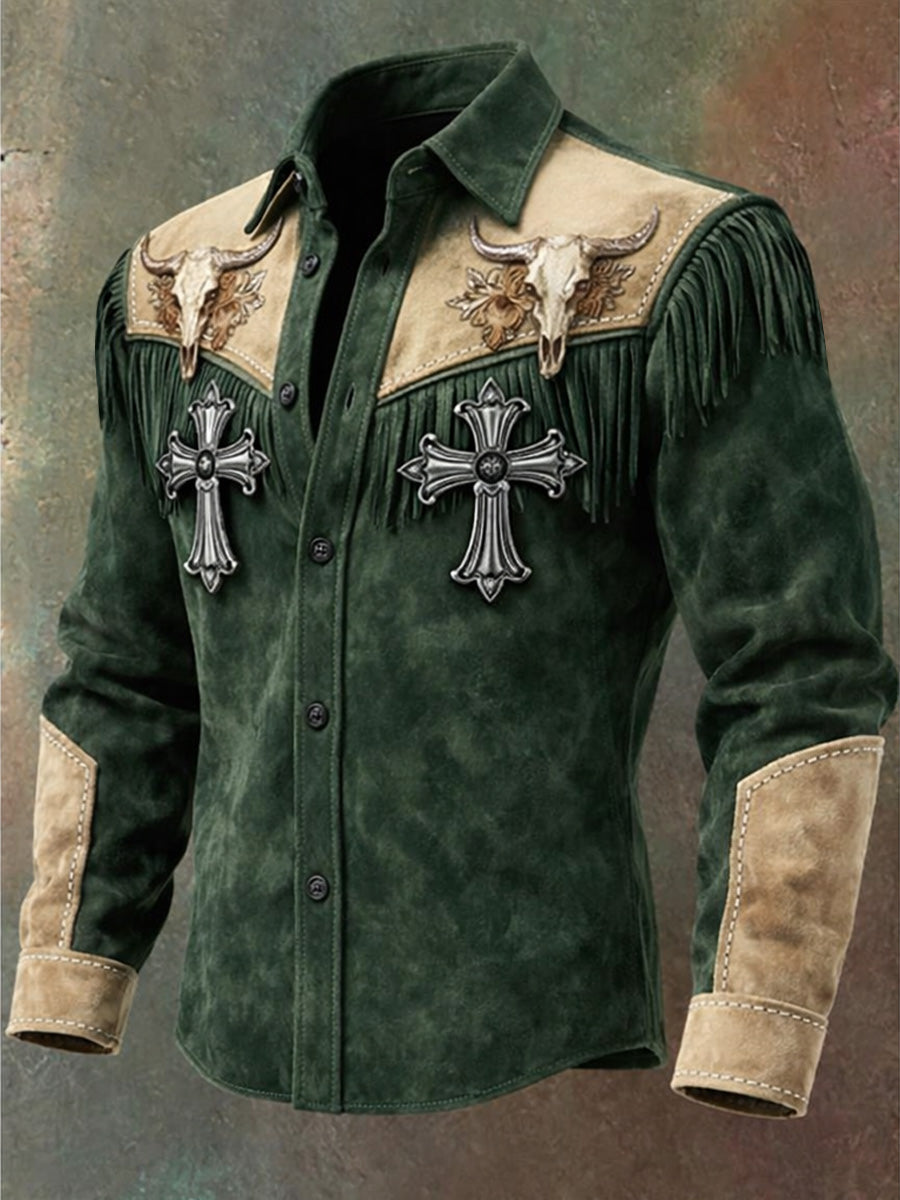 Men's Retro Western Style Vintage Casual Cotton Long Sleeve Fringe Shirt
