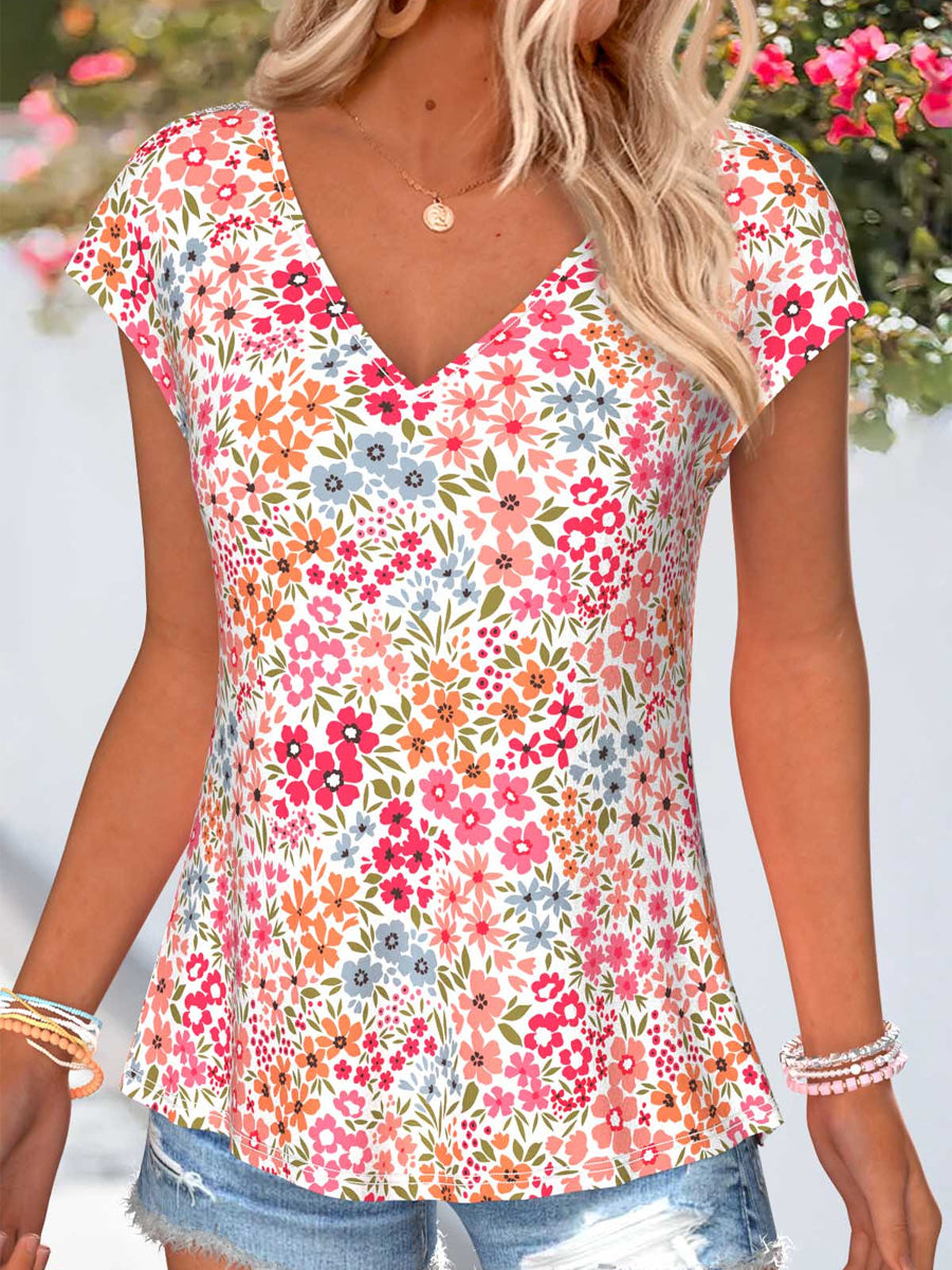 Women's Retro Style Art Printed Vintage V-Neck Short Sleeves Top