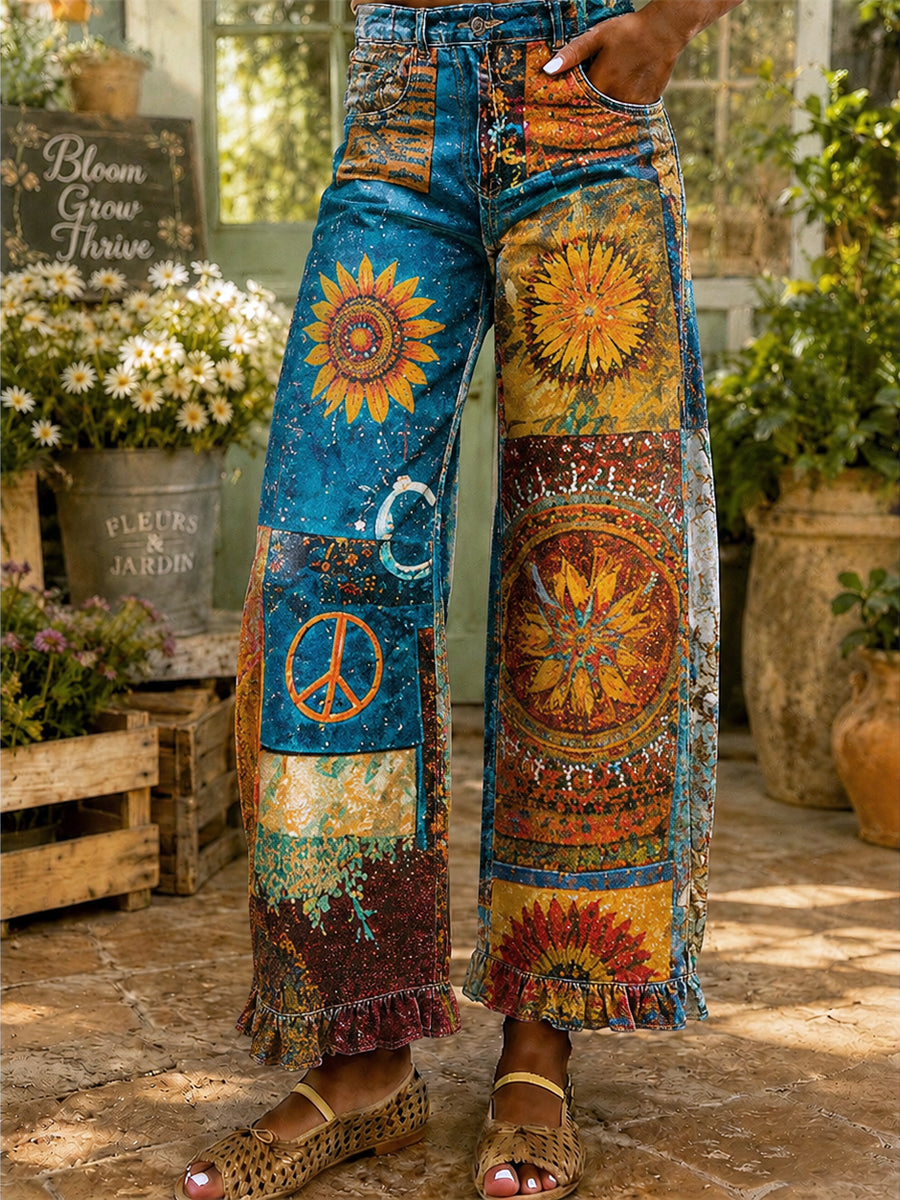 Women's Retro Art Print Wide Leg Pants