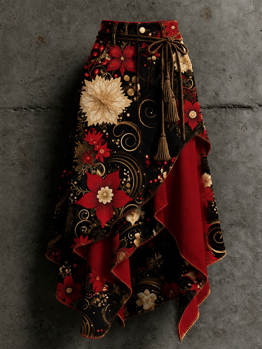 Women's Retro Style Art Print Irregularly Layered Stitched Skirt