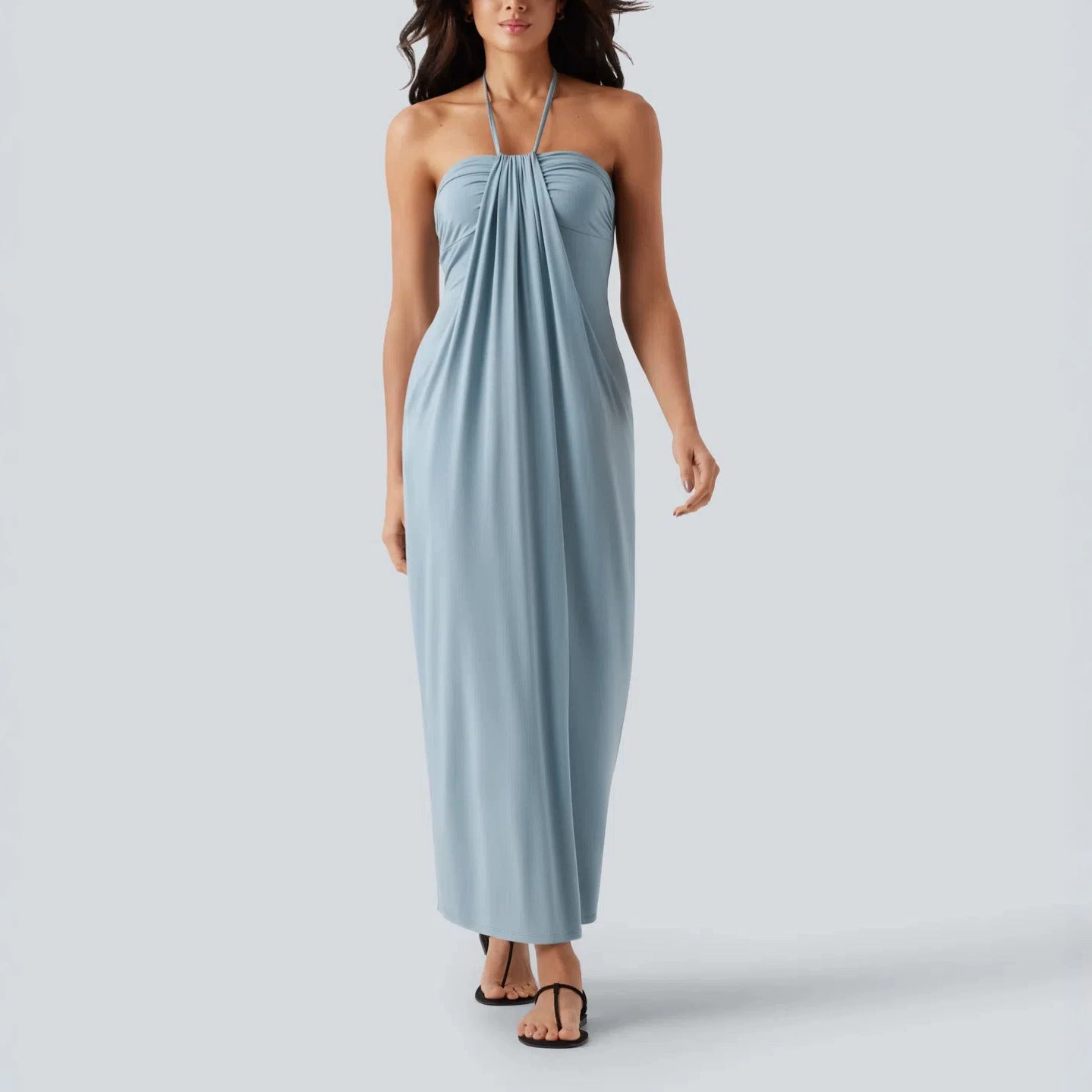 Halter Neck Strapless Long Dress With Draped Pockets