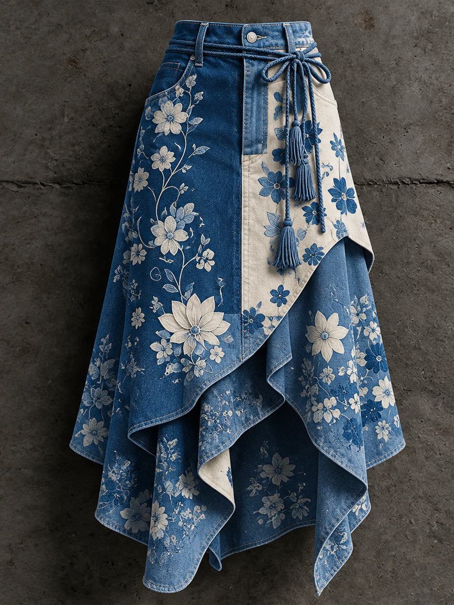 Women's Retro Style Art Print Irregularly Layered Stitched Skirt