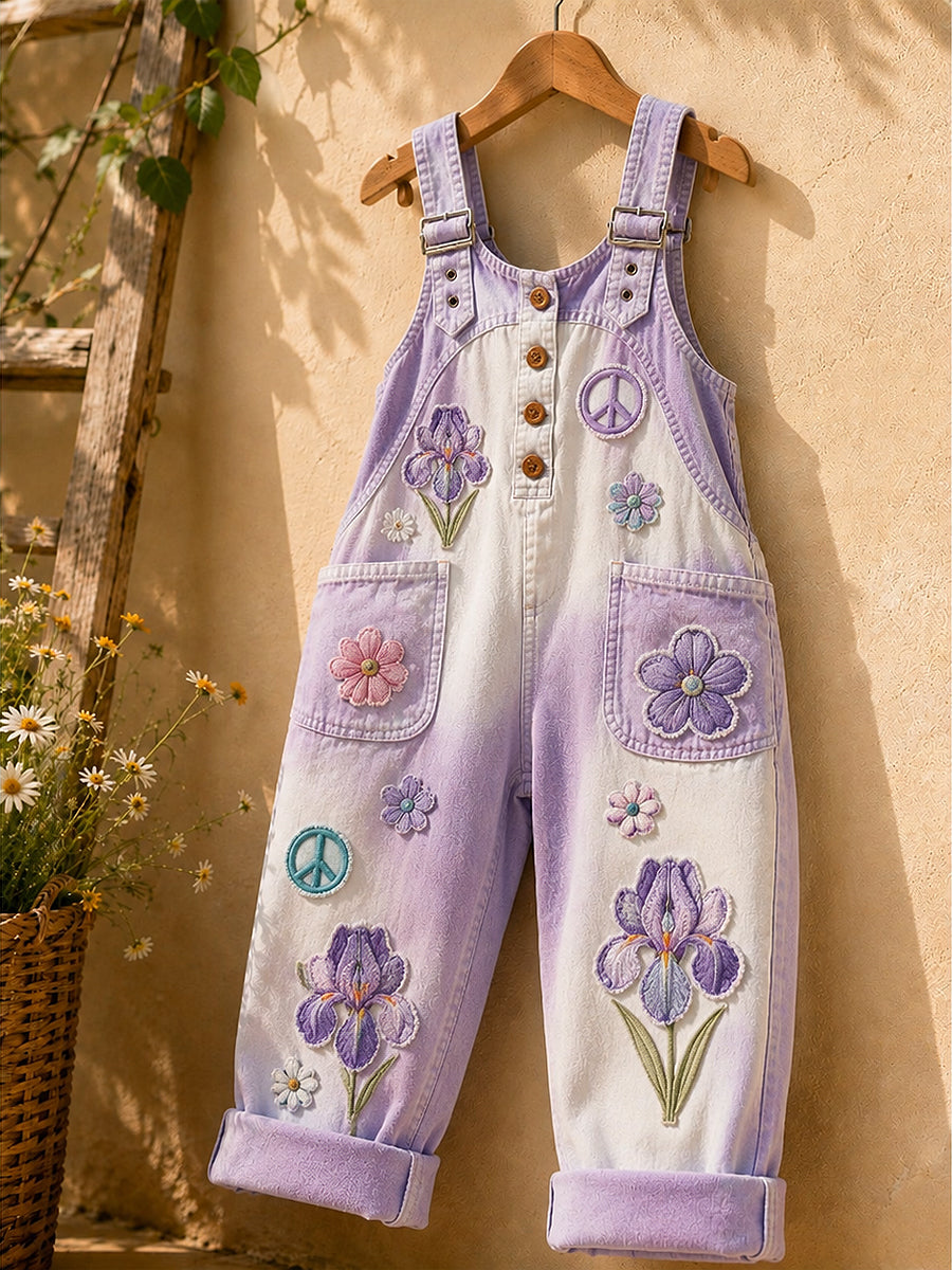 Women's Retro Style Art Print Washed Cotton Denim Patchwork Jumpsuit