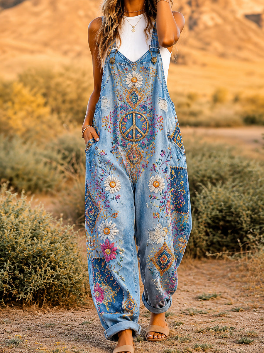Women's Retro Style Art Print Washed Cotton Denim Patchwork Jumpsuit