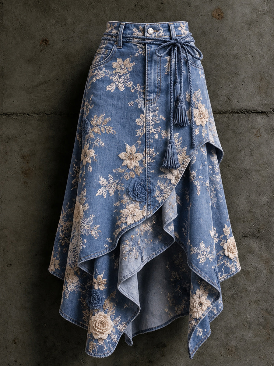 Women's Retro Style Art Print Irregularly Layered Stitched Skirt
