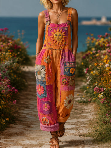 Women's Retro Style Art Print Washed Cotton Denim Patchwork Jumpsuit