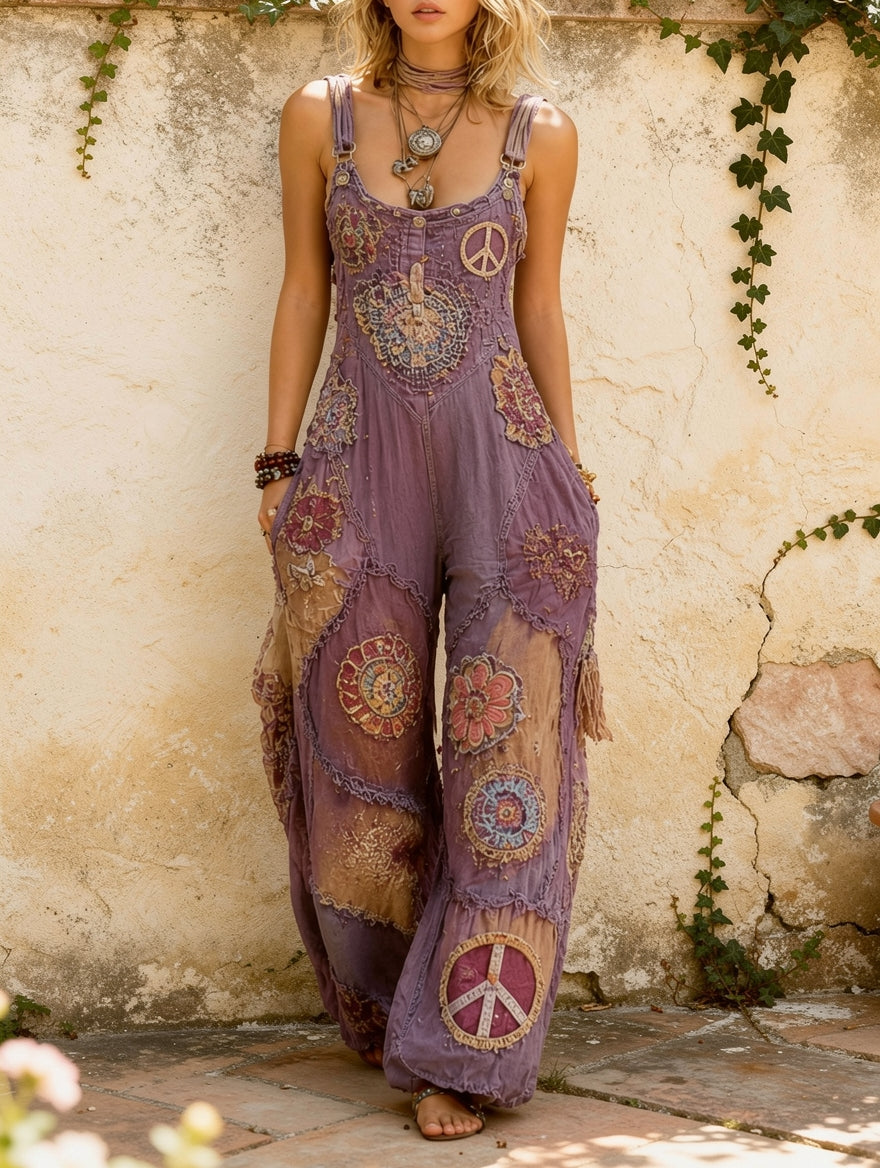 Women's Retro Style Art Print Washed Cotton Denim Patchwork Jumpsuit