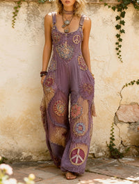 Women's Retro Style Art Print Washed Cotton Denim Patchwork Jumpsuit
