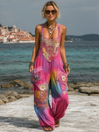 Women's Retro Style Art Print Washed Cotton Denim Patchwork Jumpsuit