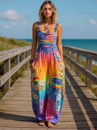 Women's Retro Style Art Print Washed Cotton Denim Patchwork Jumpsuit