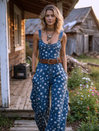 Women's Retro Style Art Print Washed Cotton Denim Patchwork Jumpsuit