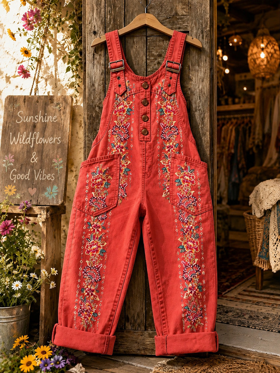 Women's Retro Style Art Print Washed Cotton Denim Patchwork Jumpsuit